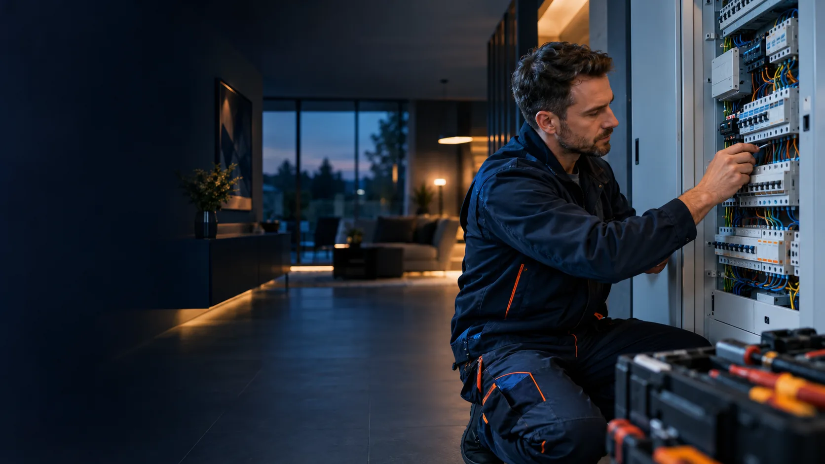 Elektriker prüft einen modernen Sicherungsschrank